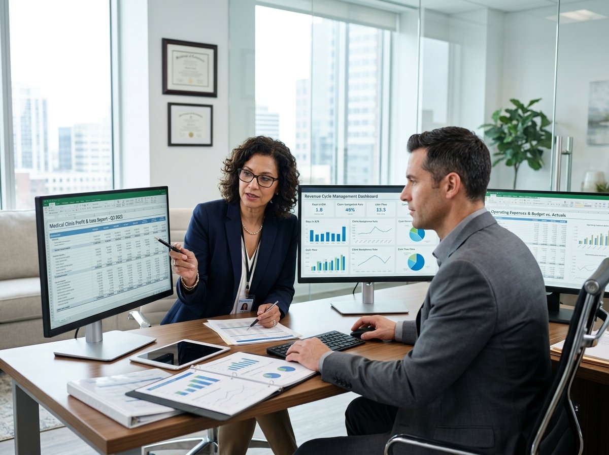 Healthcare financial director and practice accountant analyzing clinic profit and loss dashboard