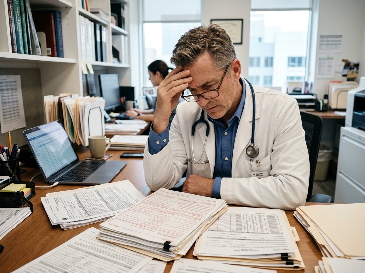 Physician reviewing delayed medical claim paperwork and AR denials