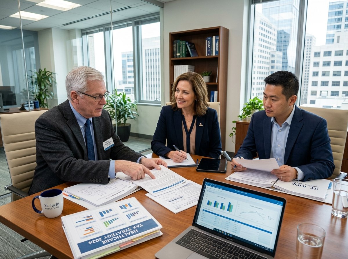 Senior healthcare CPA and tax advisory consultant meeting with medical clinic executive
